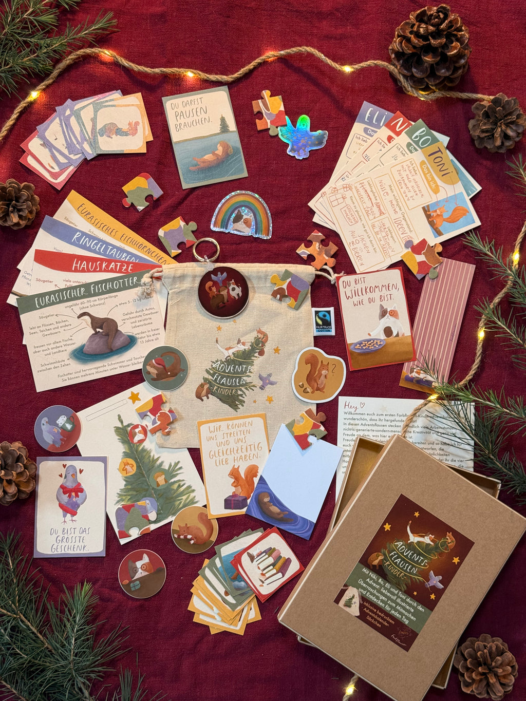 Adventsflausen für Kinder | 48teiliger Kalender mit der Flausenbande. Mit bedrucktem Stoffbeutel.