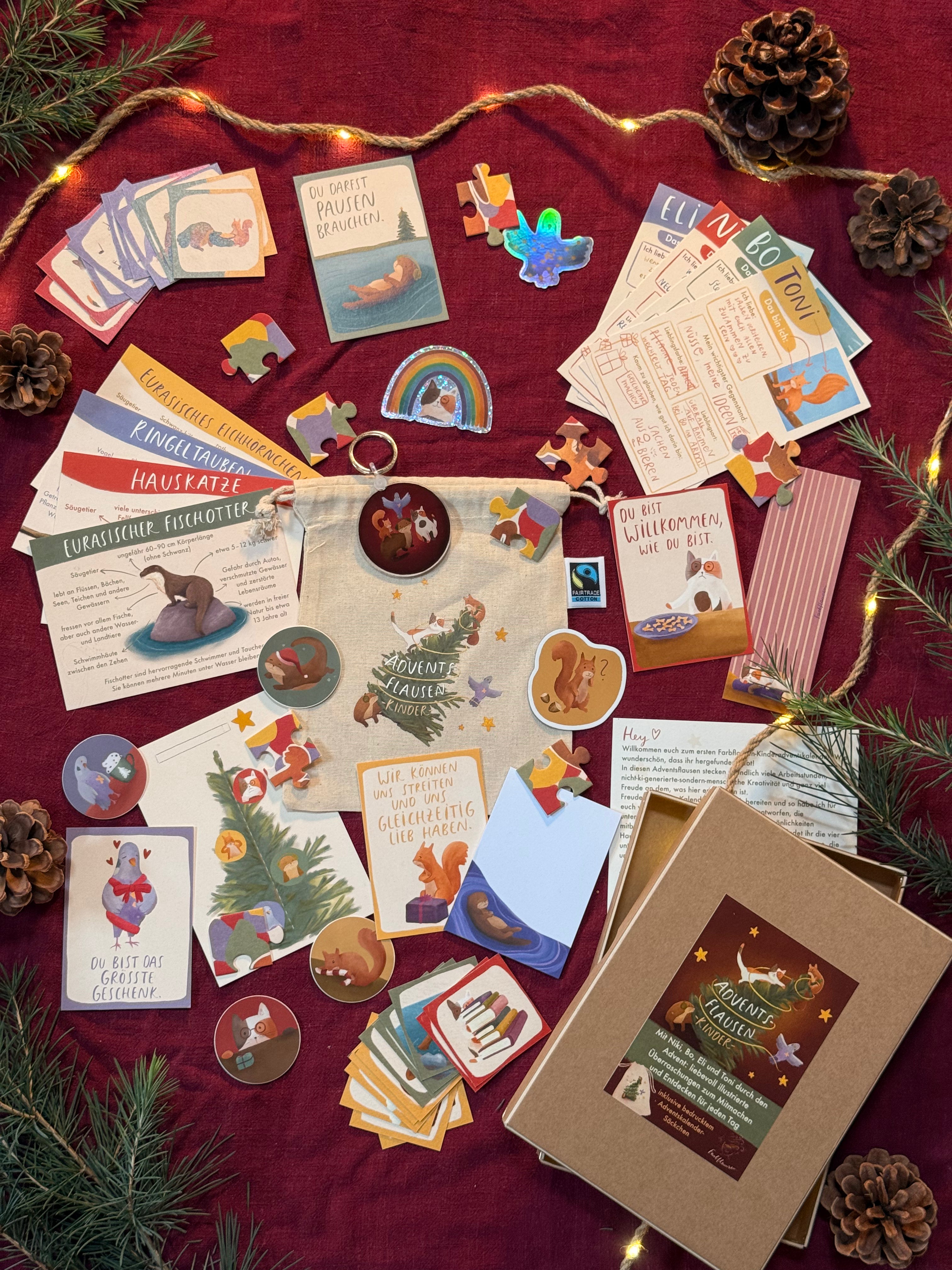 Adventsflausen für Kinder | 48teiliger Kalender mit der Flausenbande. Mit bedrucktem Stoffbeutel.