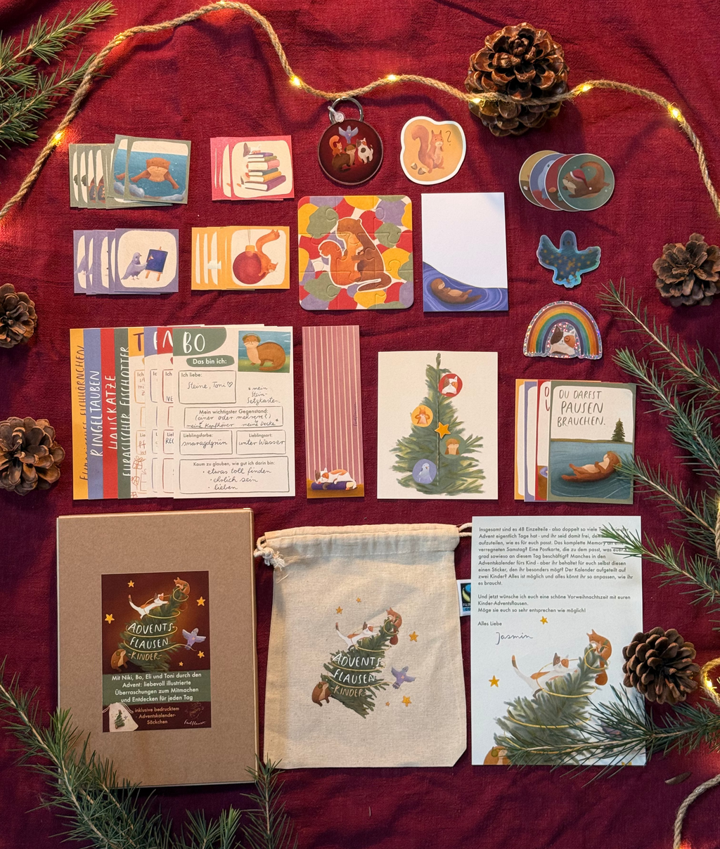 Adventsflausen für Kinder | 48teiliger Kalender mit der Flausenbande. Mit bedrucktem Stoffbeutel.