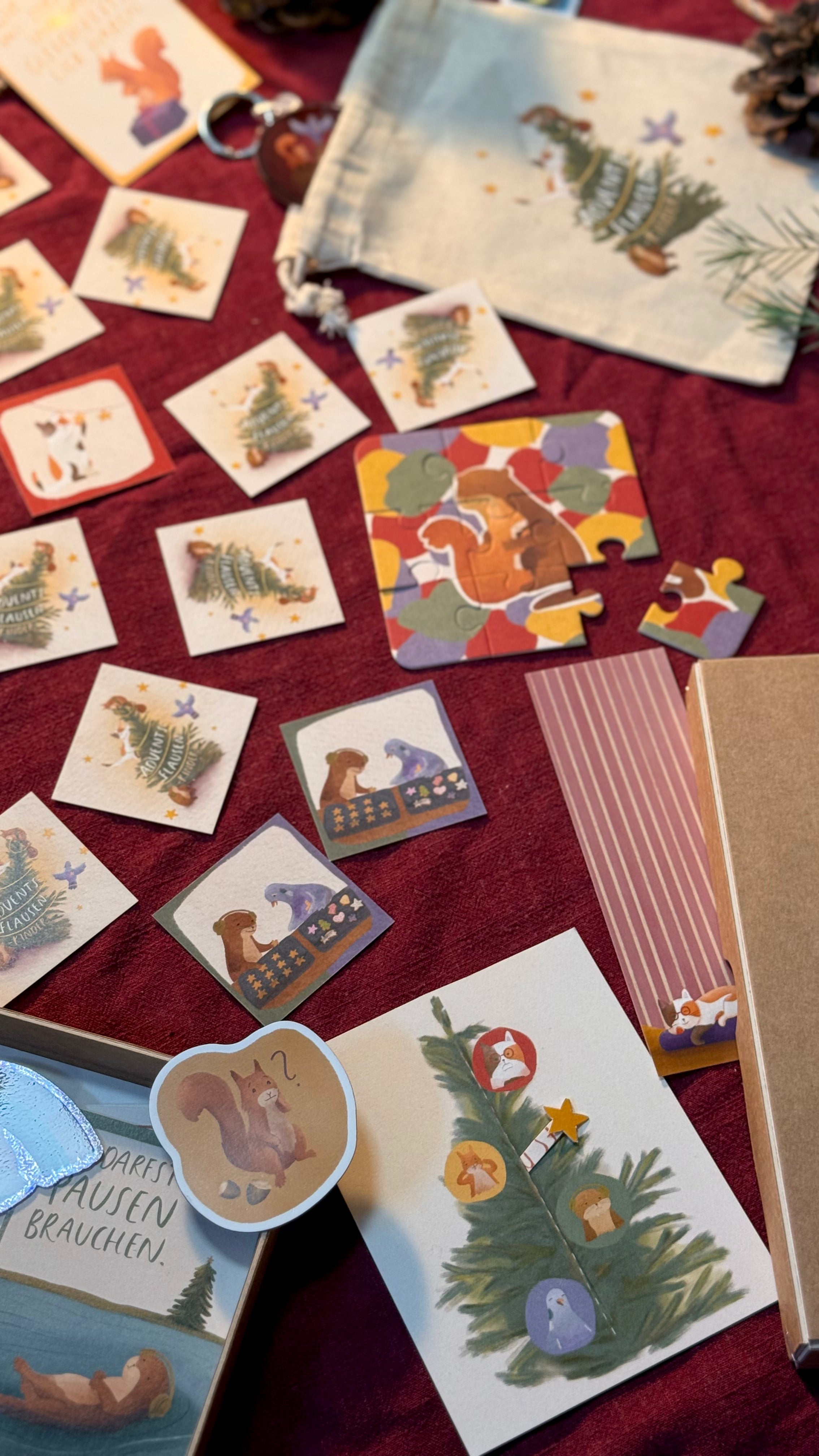 Adventsflausen für Kinder | 48teiliger Kalender mit der Flausenbande. Mit bedrucktem Stoffbeutel.