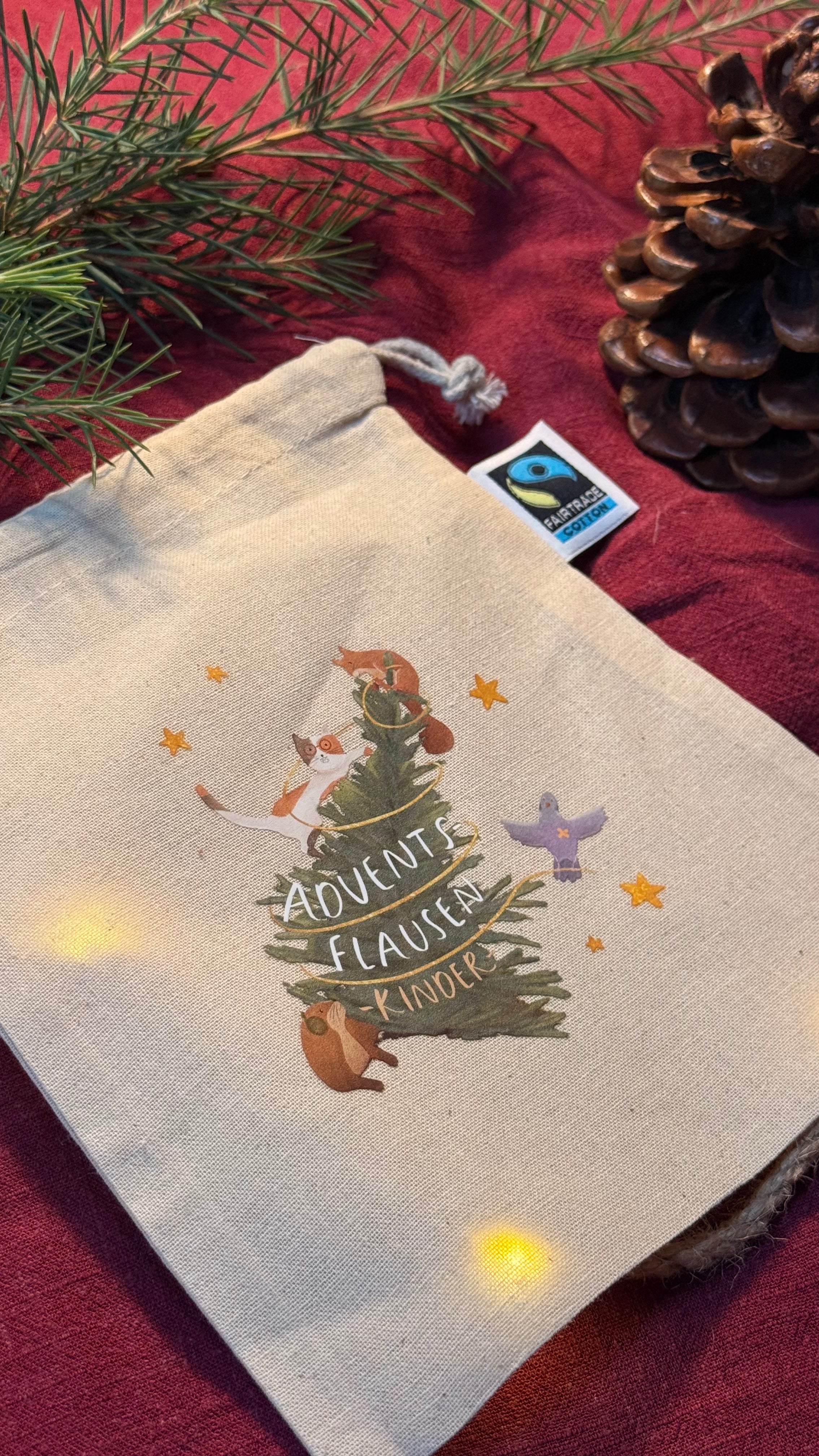 Adventsflausen für Kinder | 48teiliger Kalender mit der Flausenbande. Mit bedrucktem Stoffbeutel.