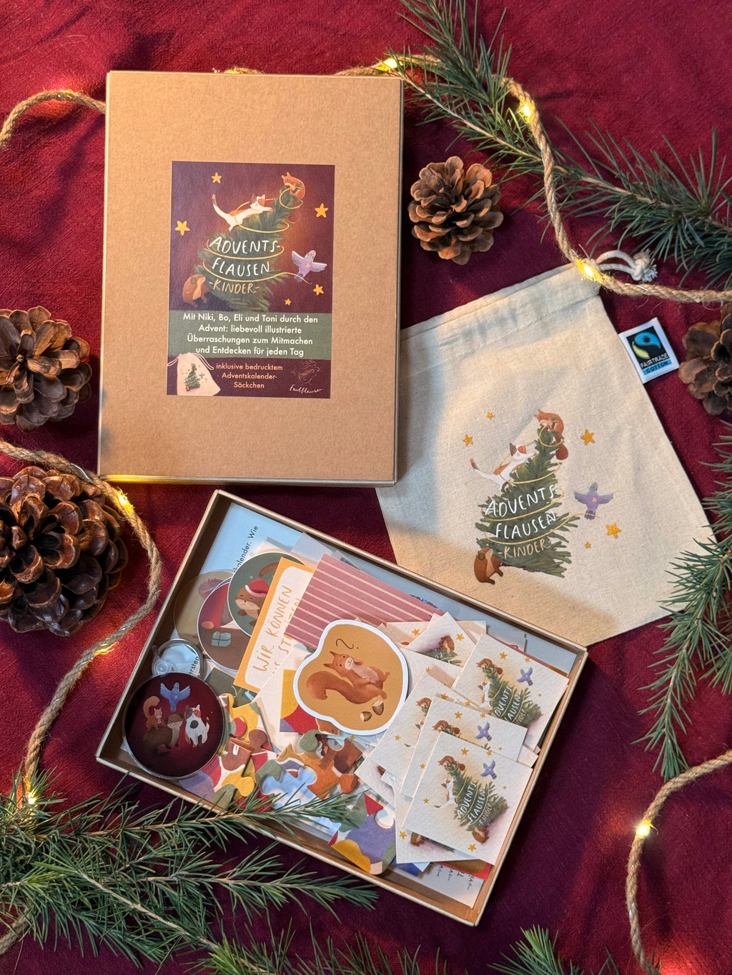 Adventsflausen für Kinder | 48teiliger Kalender mit der Flausenbande. Mit bedrucktem Stoffbeutel.