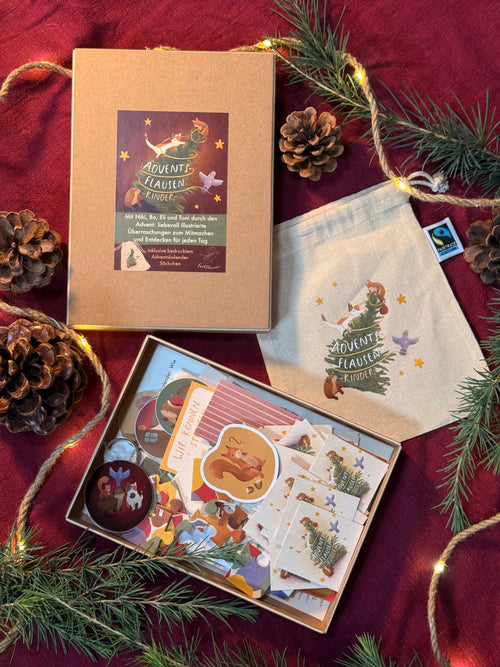 Adventsflausen für Kinder | 48teiliger Kalender mit der Flausenbande. Mit bedrucktem Stoffbeutel.