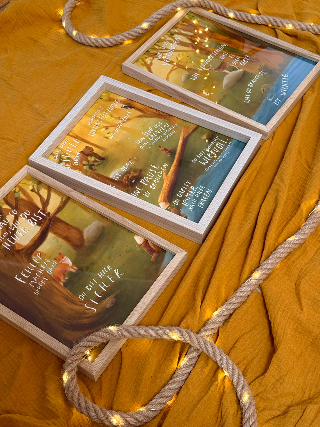 Kunstdrucke  "Tierbotschaften" | Ein liebevolles 3-teiliges Affirmationsmotiv mit warmen Farben, vielen Details und stärkenden Gedanken.