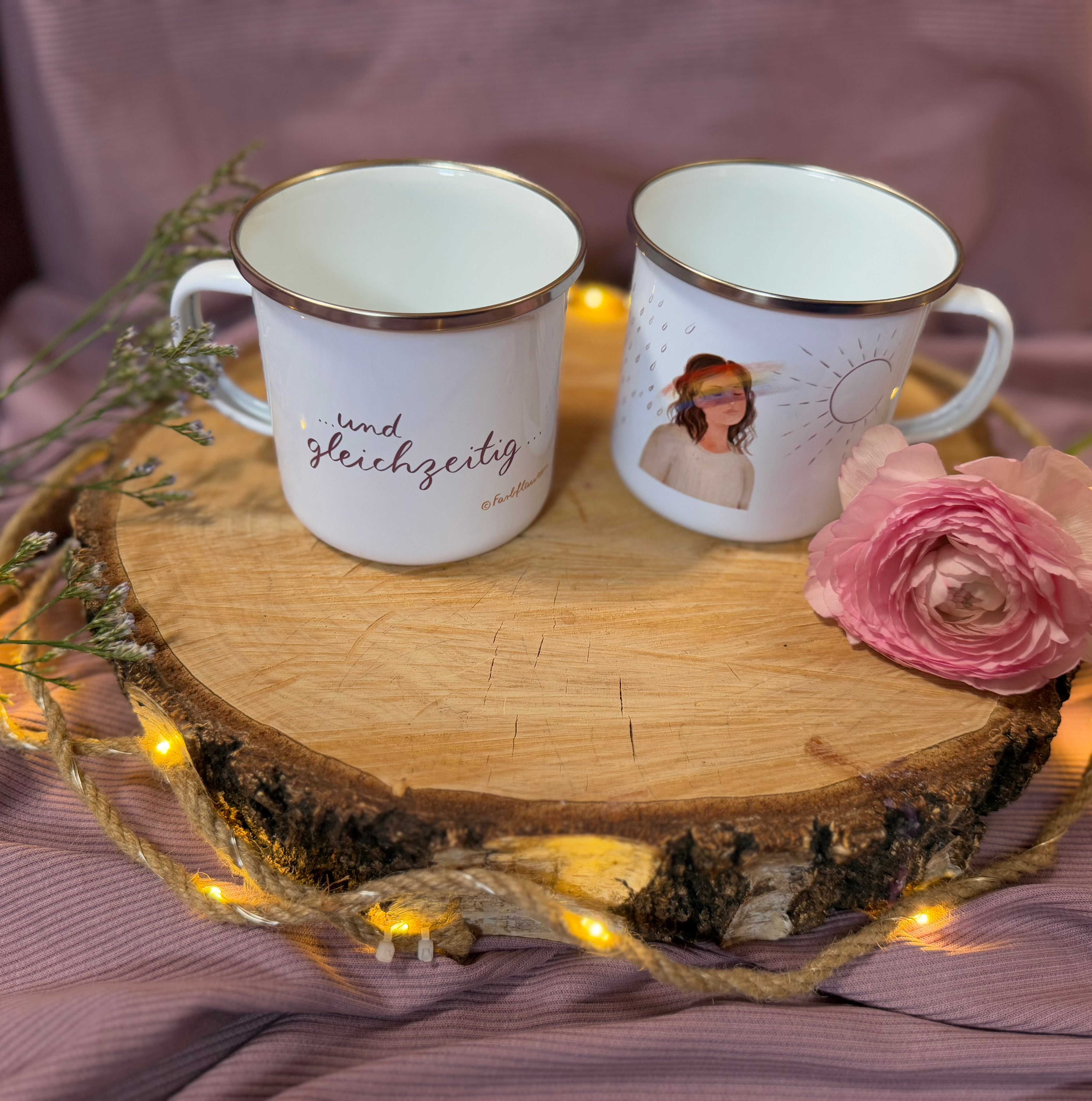 Emailletasse „und gleichzeitig“ | Weil dort, wo sich Sonne und Regen treffen, etwas Wunderschönes entstehen kann…