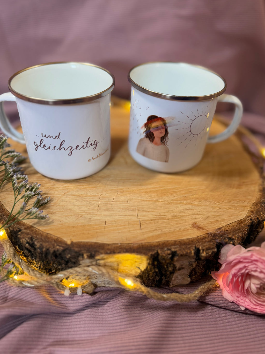 Emailletasse „und gleichzeitig“ | Weil dort, wo sich Sonne und Regen treffen, etwas Wunderschönes entstehen kann…