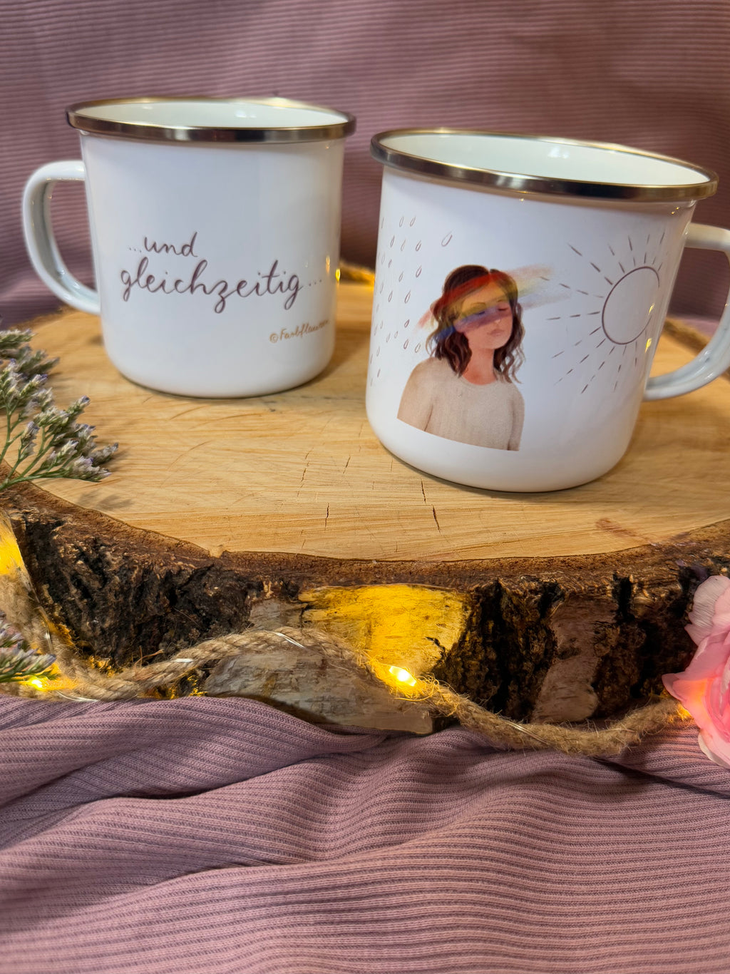 Emailletasse „und gleichzeitig“ | Weil dort, wo sich Sonne und Regen treffen, etwas Wunderschönes entstehen kann…