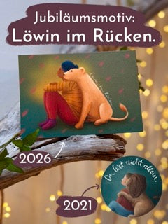 Postkarte „Löwin im Rücken“ | Das Jubiläumsmotiv zum 5jährigen Farbflausen-Geburtstag.