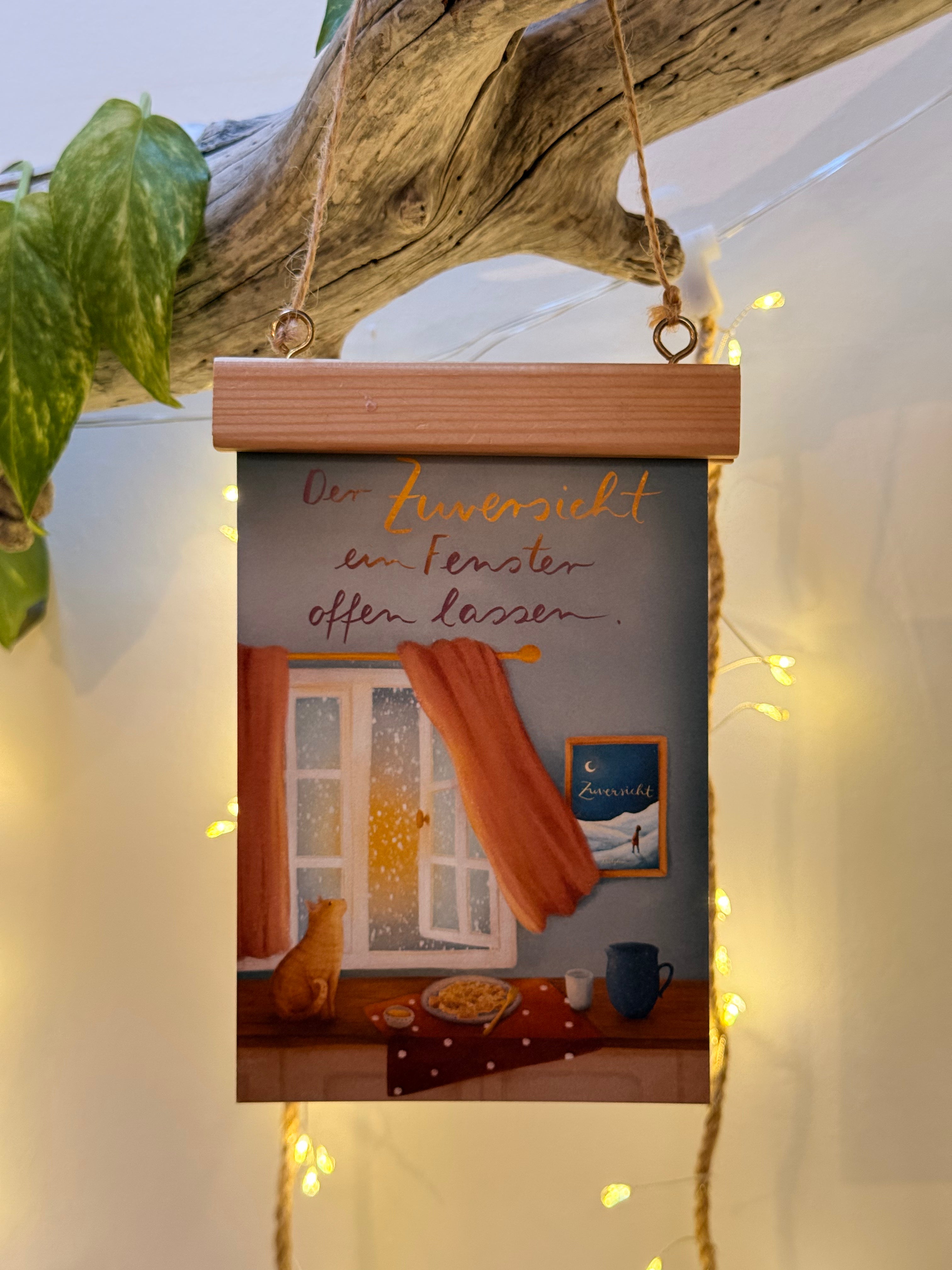 Postkarte „Der Zuversicht ein Fenster offen lassen" | Eine Illustration über Hoffnungstrotz und Kaiserschmarrn