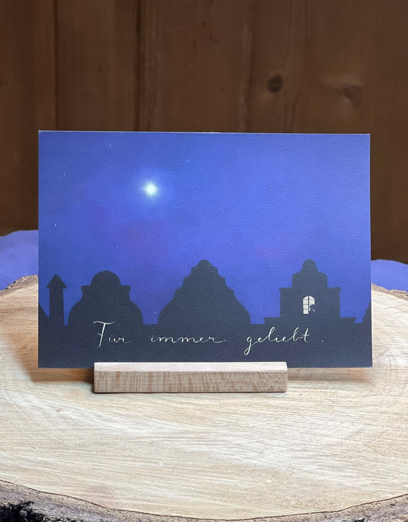 Postkarte Trauerkarte / Erinnerungskarte „Für immer geliebt“. Beileid, Tod, Sternenkind, Fehlgeburt, Stern, Trost, Liebe