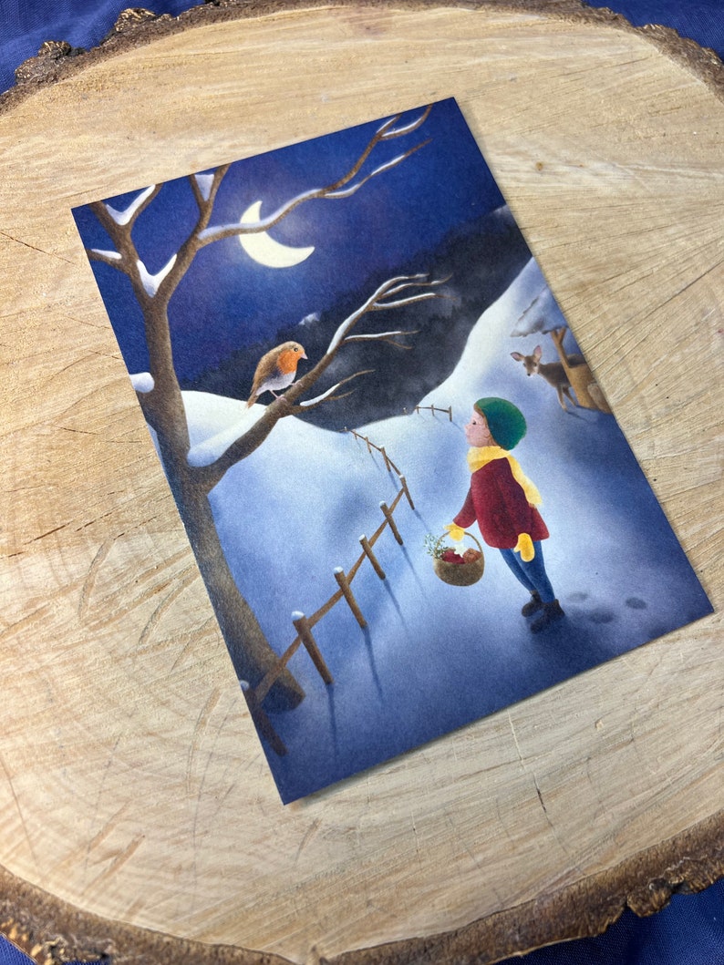 Postkarte "Winterwald" Illustration Reh Mond Schnee Kind Weihnachtskarte Advent Jahreszeitentisch Deko Tiere