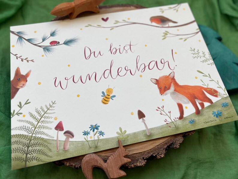 Kunstdruck "Du bist wunderbar!" | Hochwertiger A4 Druck | Wald, Wiese, Tiere, Fuchs, Eichhörnchen, Deko Kinderzimmer, Geschenk, Poster, Mädchen, Junge