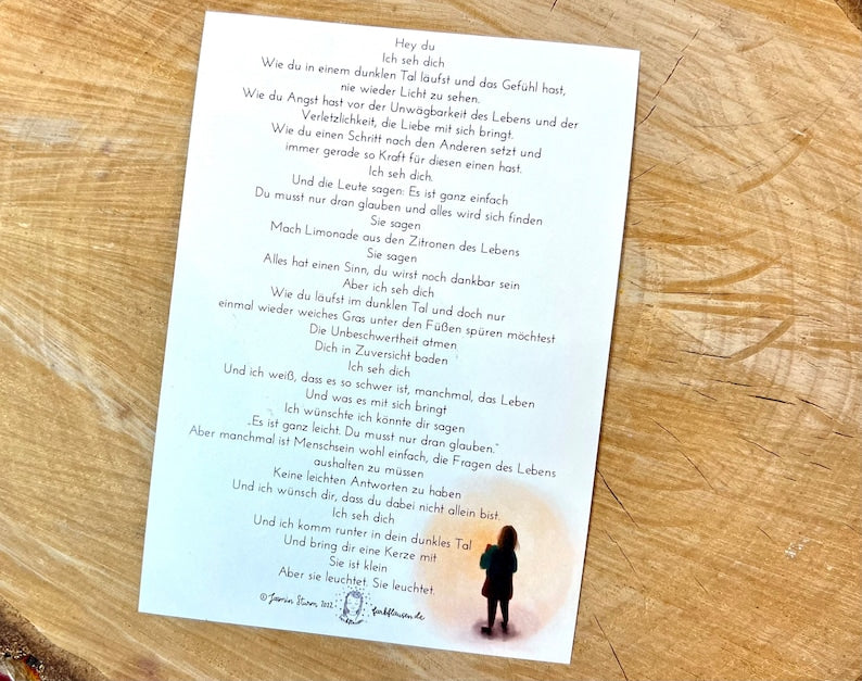 Postkarte „Ich seh dich“ | eine Illustration und ein Text über ein dunkles Tal und ein kleines Licht. Trauer, Krise, Trost, Hoffnung