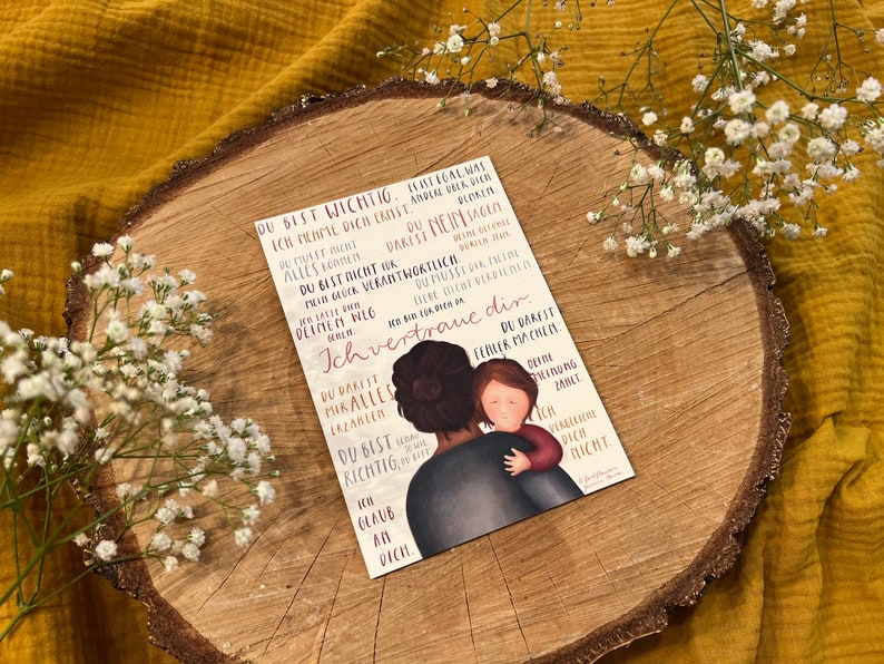 Postkarte "Botschaften für Kinder" | eine Postkarte mit 17 liebevollen Sätzen und einer warmen Illustration. Für alle, die mit Kindern zu tun haben.