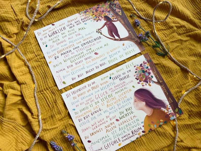 Kunstdruck "Botschaften für Dich 1" | ein A4-Druck mit 15 liebevollen Sätzen und einer warmen Illustration. Ein Herzensmotiv!