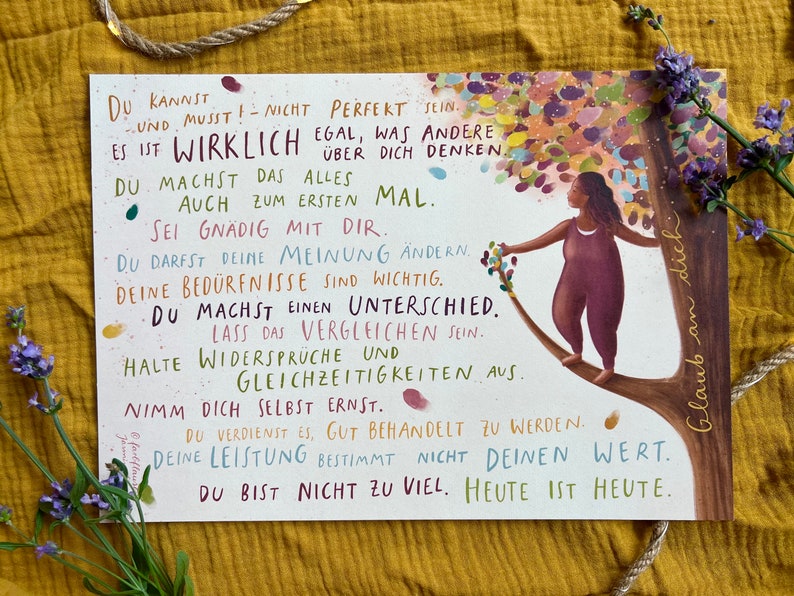 Kunstdruck "Botschaften für Dich 1" | ein A4-Druck mit 15 liebevollen Sätzen und einer warmen Illustration. Ein Herzensmotiv!