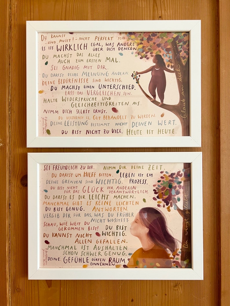 Kunstdrucke "Botschaften für Dich 1+2" | zwei A4-Drucke mit 31 liebevollen Sätzen und einer warmen Illustration. Ein Herzensmotiv!