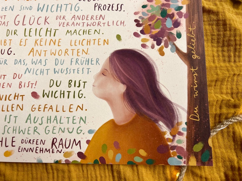 Kunstdruck "Botschaften für Dich 2" | ein A4-Druck mit 16 liebevollen Sätzen und einer warmen Illustration. Ein Herzensmotiv!