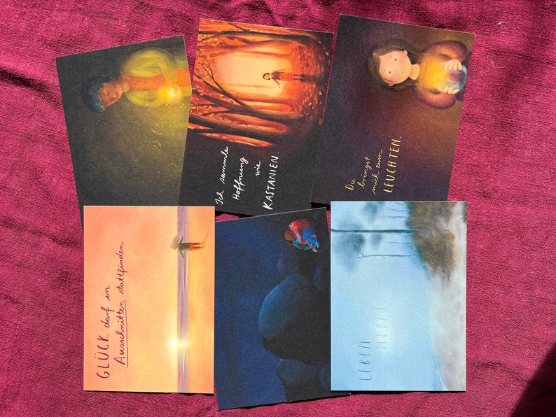 Postkartenset "Hoffnung, die leuchtet" | 6 Illustrationsmotive über Licht, Schatten und das Dazwischen.
