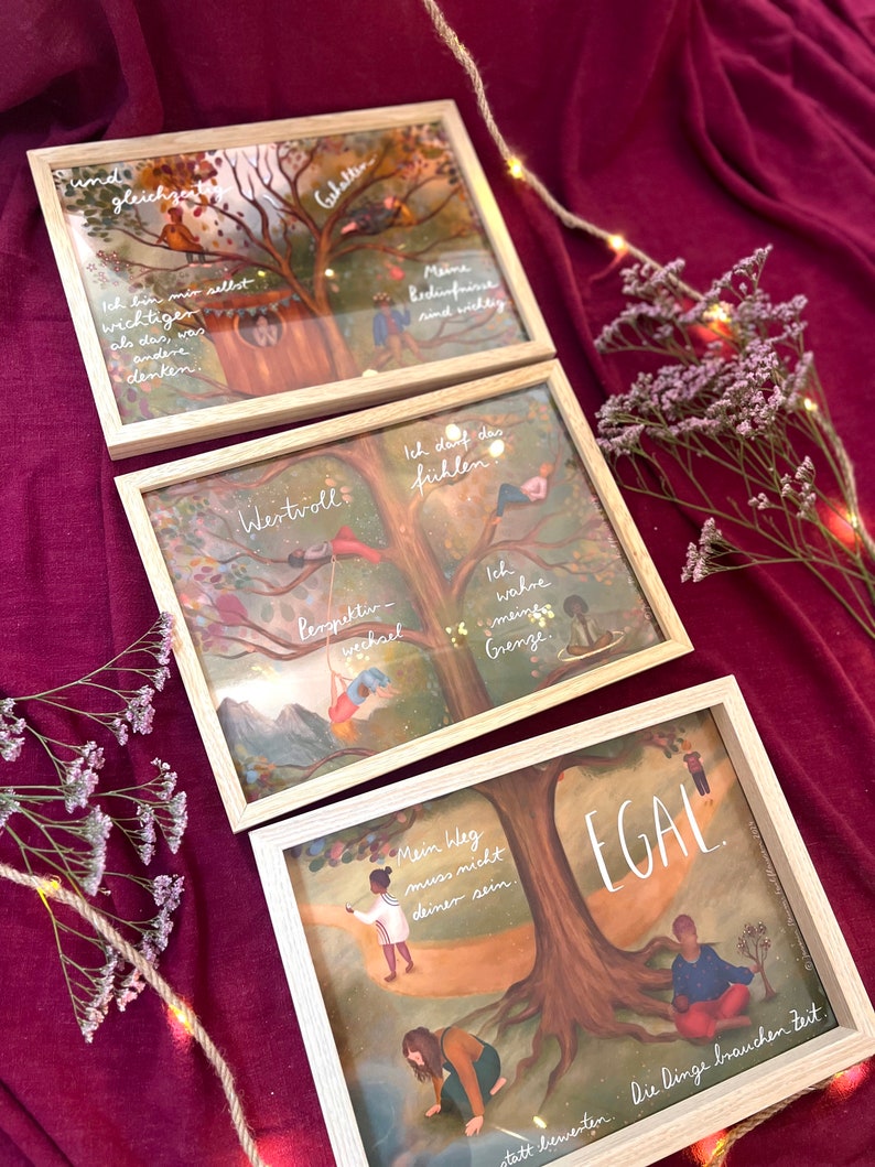 Kunstdruck "Baumbotschaften 1" | Ein liebevoll illustriertes Affirmationsmotiv mit warmen Farben, vielen Details und stärkenden Gedanken.