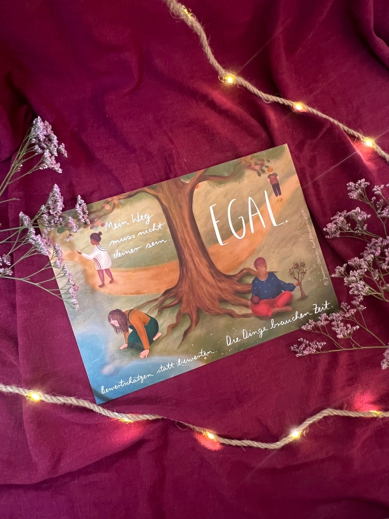 Kunstdruck "Baumbotschaften 3" | Ein liebevoll illustriertes Affirmationsmotiv mit warmen Farben, vielen Details und stärkenden Gedanken.