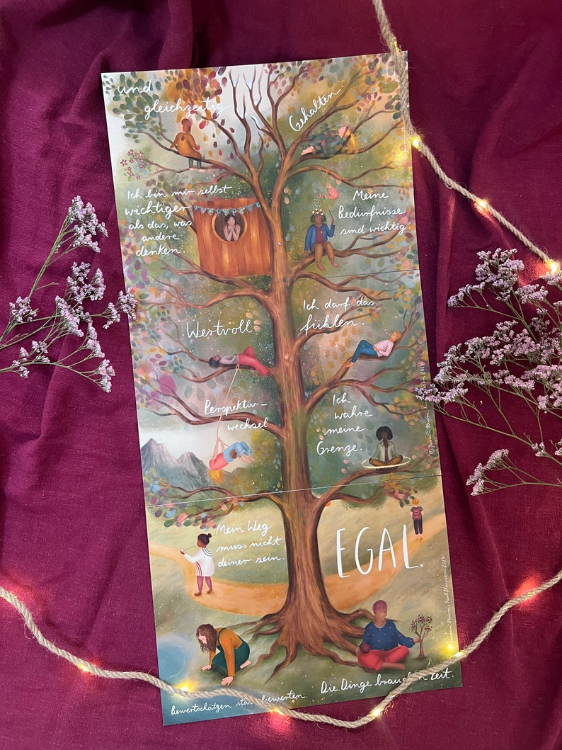 Kunstdrucke  "Baumbotschaften" | Ein liebevolles 3-teiliges Affirmationsmotiv mit warmen Farben, vielen Details und stärkenden Gedanken.