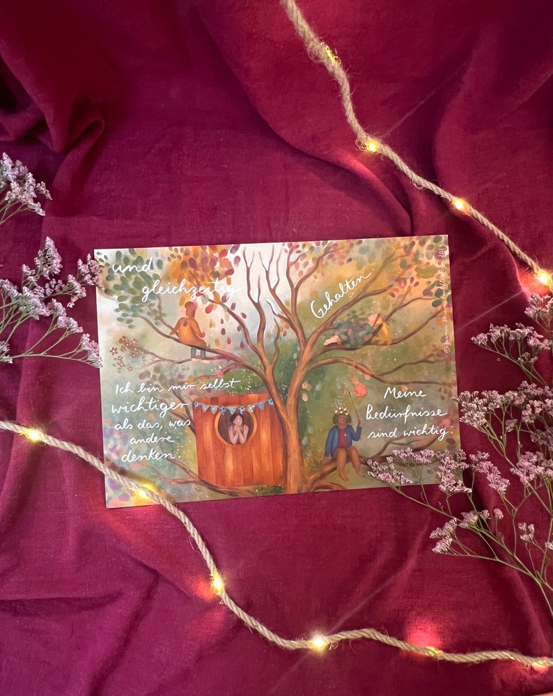 Kunstdruck "Baumbotschaften 1" | Ein liebevoll illustriertes Affirmationsmotiv mit warmen Farben, vielen Details und stärkenden Gedanken.