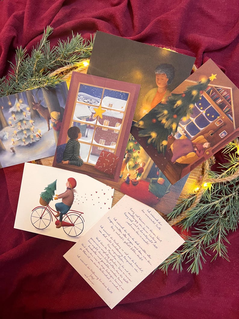 Postkartenset „Weihnachtsillustrationen“ | 7 besondere, liebevoll gemalte Motive zum Verschenken oder selbst Behalten und Aufstellen.