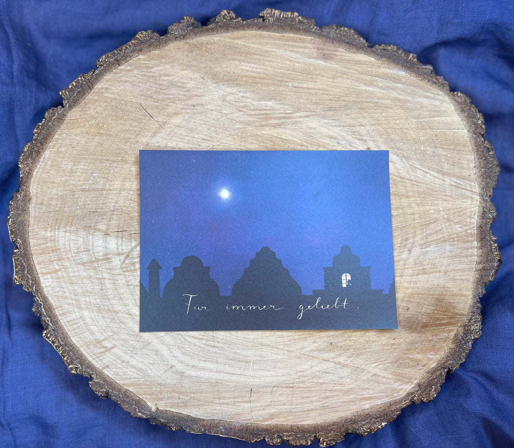 Postkarte Trauerkarte / Erinnerungskarte „Für immer geliebt“. Beileid, Tod, Sternenkind, Fehlgeburt, Stern, Trost, Liebe