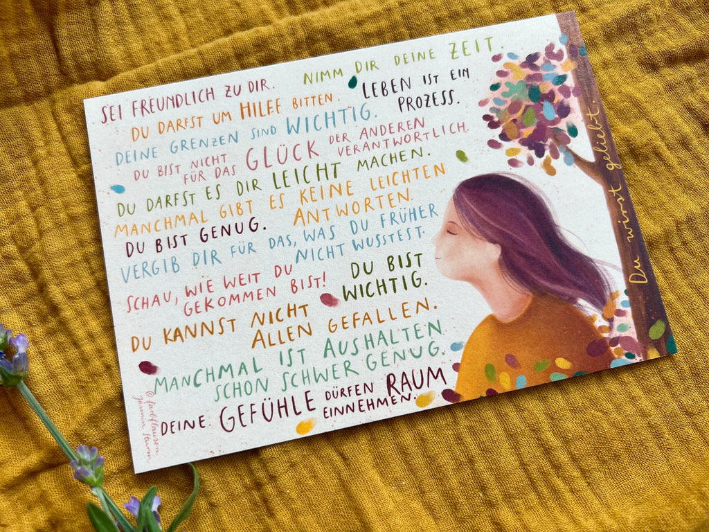 Postkarte "Botschaften für Dich 2" | eine Postkarte mit 16 liebevollen Sätzen und einer warmen Illustration. Ein Herzensmotiv!