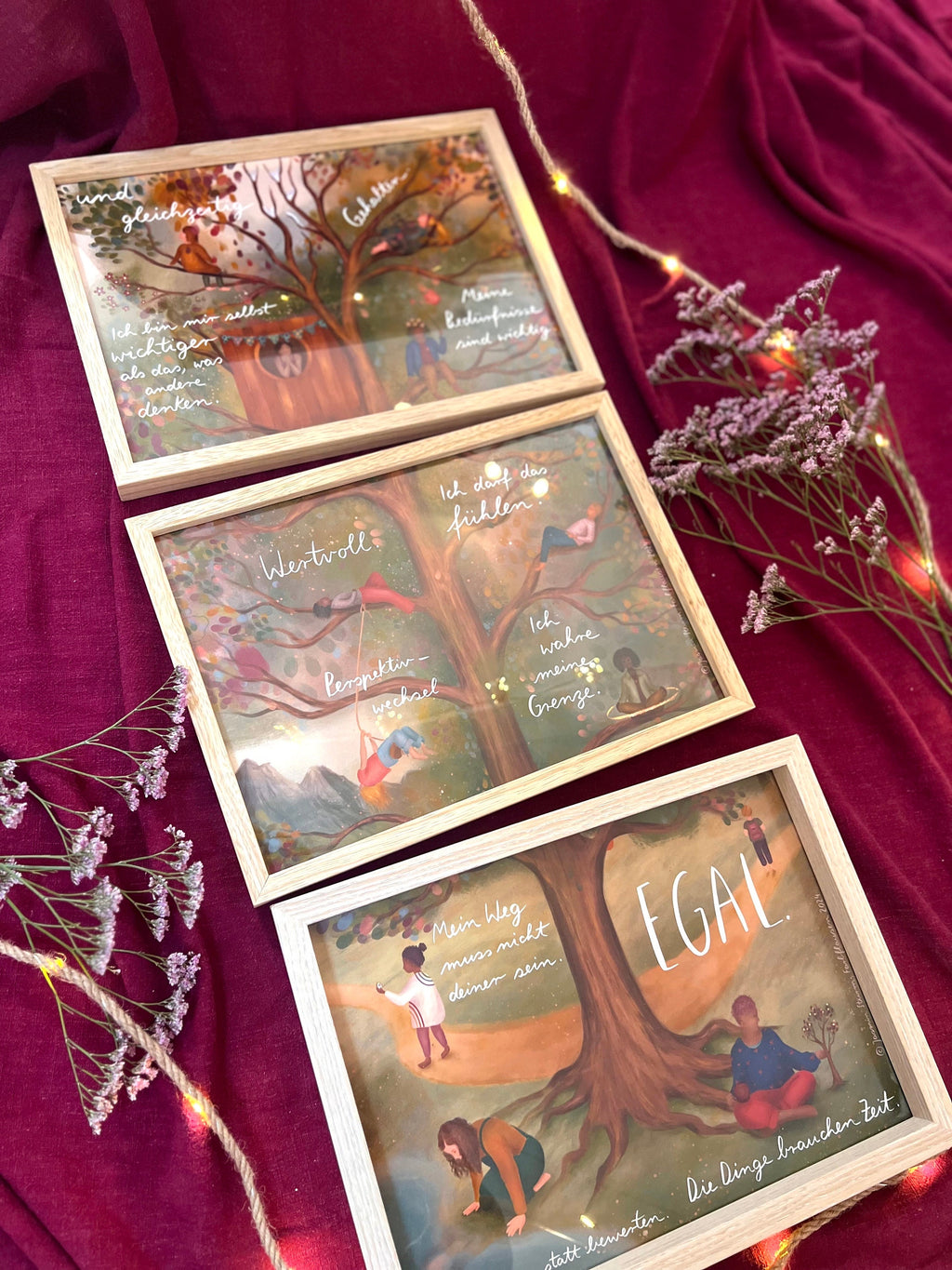 Kunstdrucke  "Baumbotschaften" | Ein liebevolles 3-teiliges Affirmationsmotiv mit warmen Farben, vielen Details und stärkenden Gedanken.