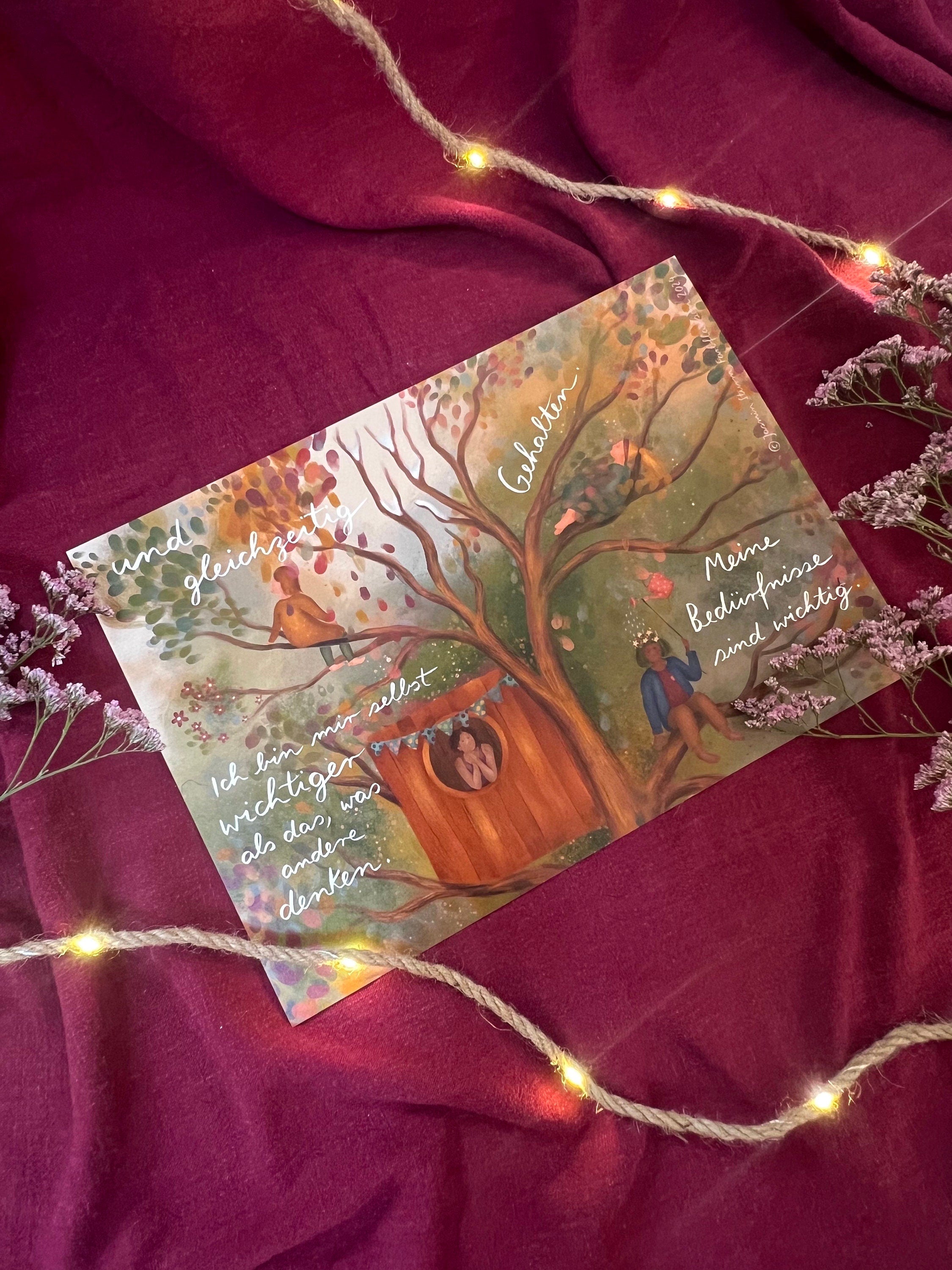 Kunstdruck "Baumbotschaften 1" | Ein liebevoll illustriertes Affirmationsmotiv mit warmen Farben, vielen Details und stärkenden Gedanken.