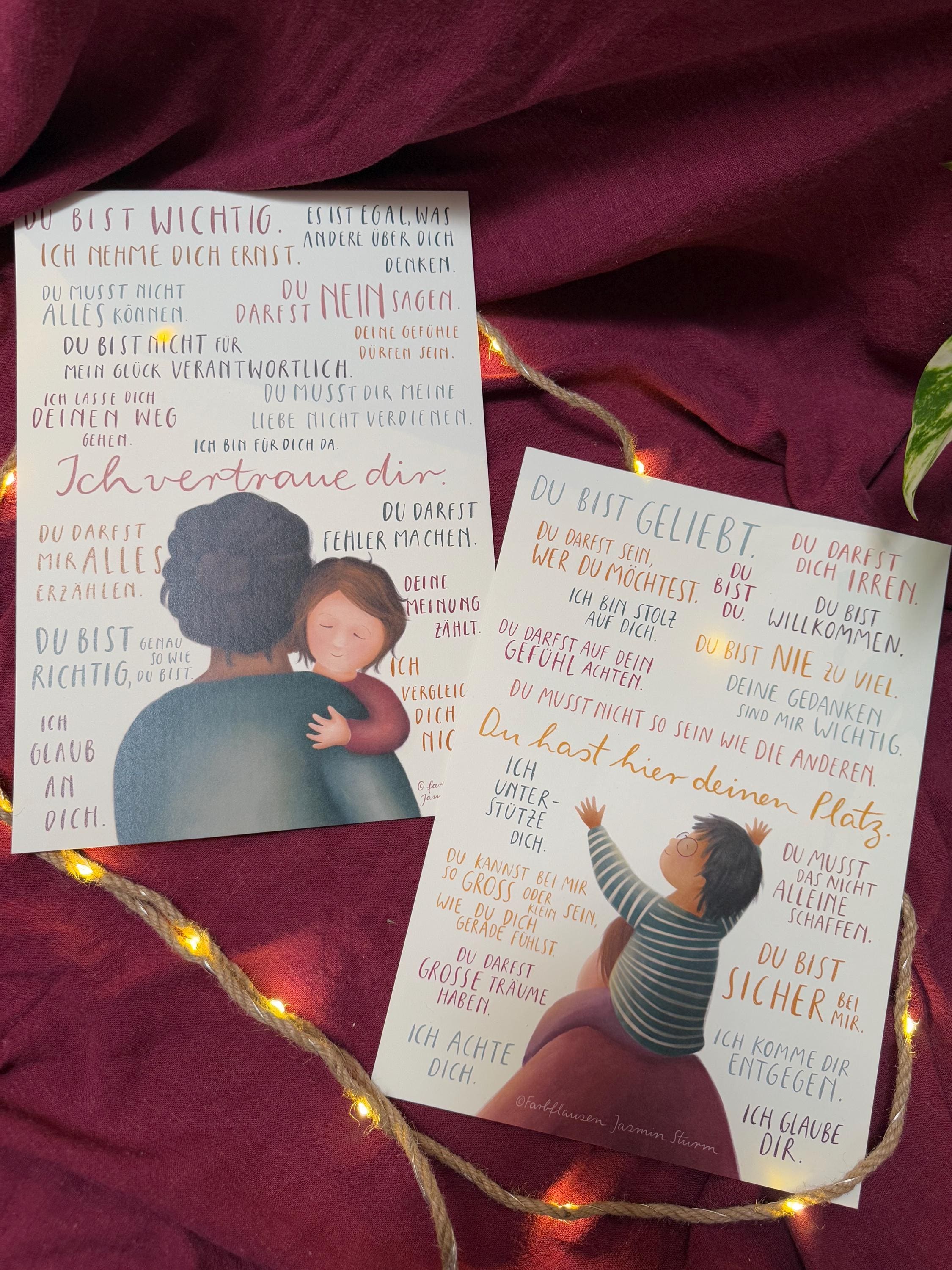 Kunstdrucke „Botschaften für Kinder 1+2“ | Zwei Kunstdrucke mit 36 liebevollen Sätzen und warmen Illustrationen.