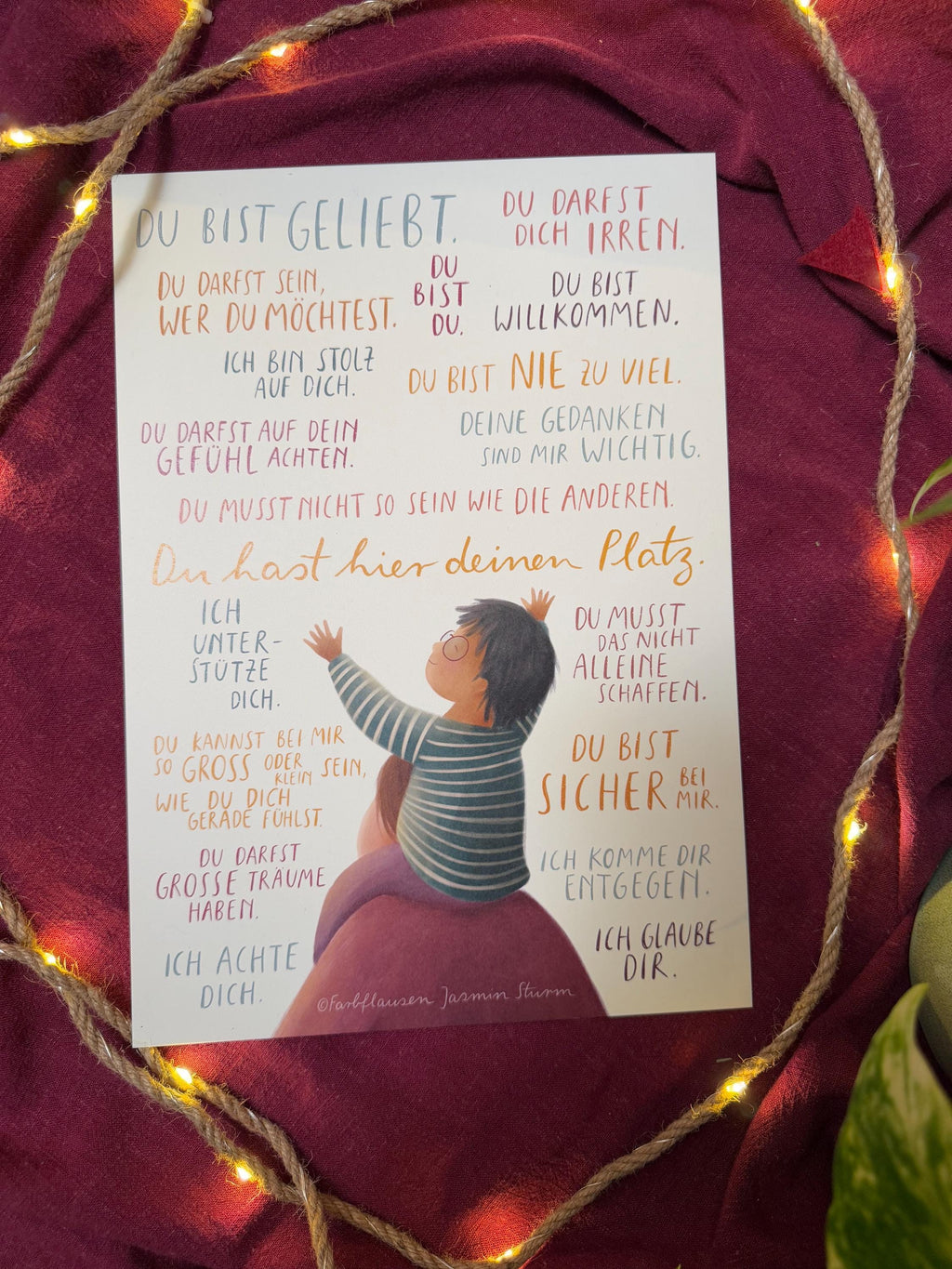 Kunstdruck „Botschaften für Kinder 2“| Ein Motiv mit 19 liebevollen Sätzen und einer warmen Illustration.